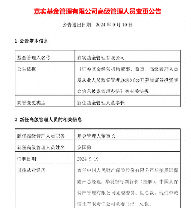 代行职责1个多月后，安国勇正式接任嘉实基金董事长_代行职责1个多月后，安国勇正式接任嘉实基金董事长_